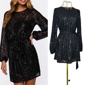 Forever 21 Black All-Over Sequined Mini Dress, Long Balloon Sleeves, Tie Belt, S